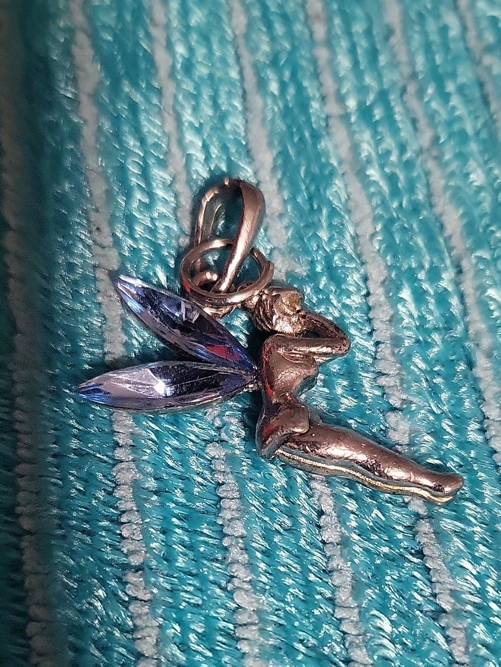 Silver TINKERBELL Fairy Pendant Necklace Charm with Light Blue Crystal Wings -
